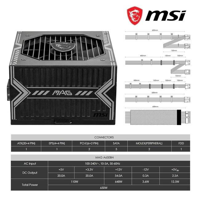 MSI MAG A650NBL 650W 80+ Bronze Power Supply - صورة 3